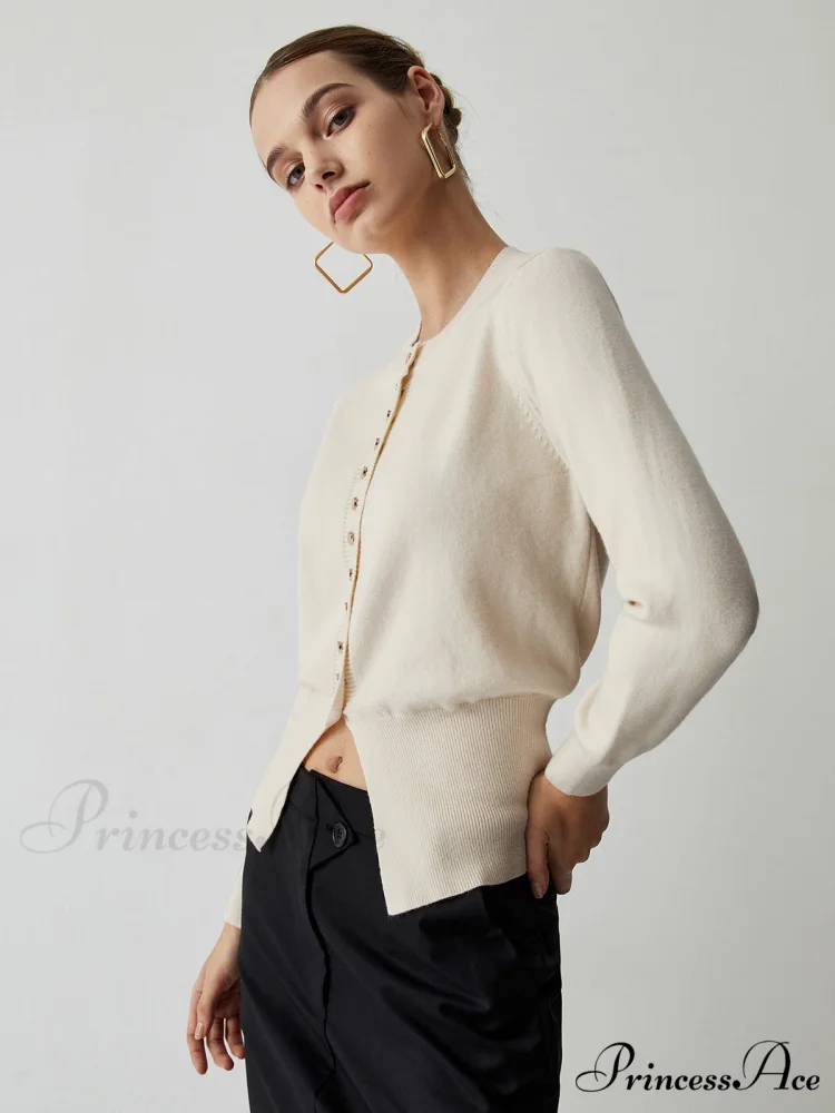 Cream Button Graceful Down Curved Cardigan - Image 3