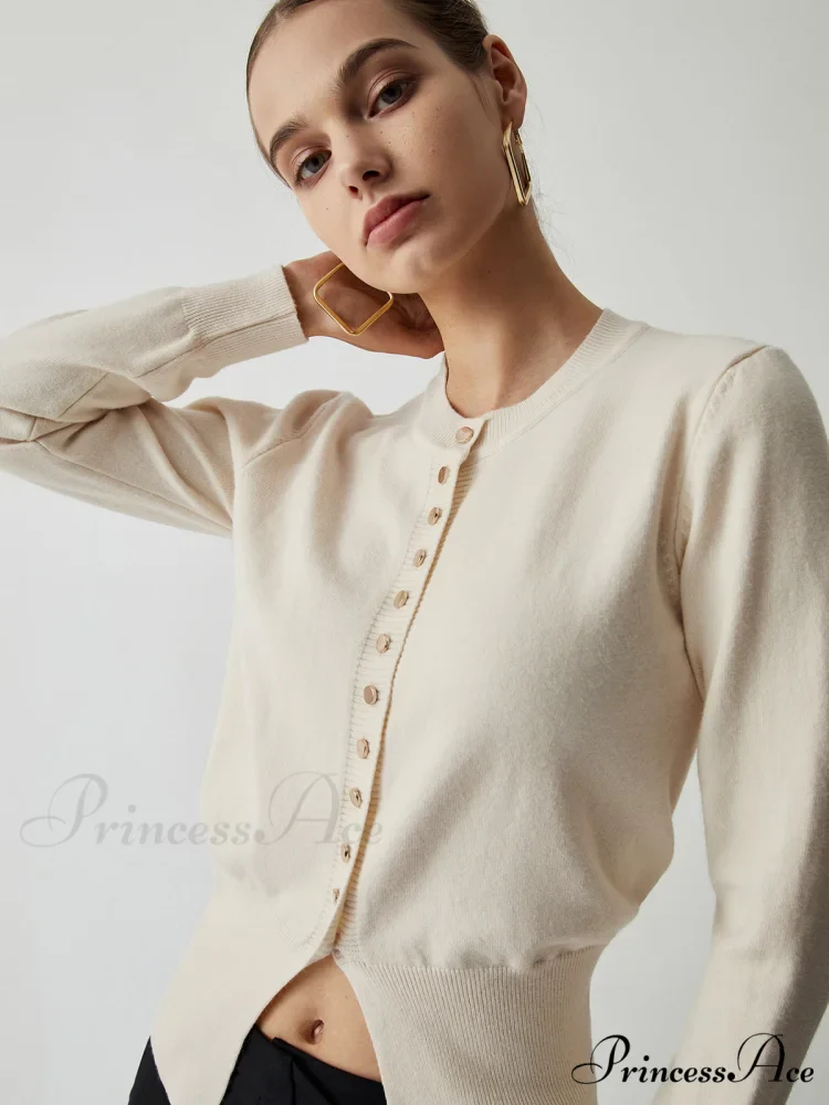 Cream Button Graceful Down Curved Cardigan - Image 4