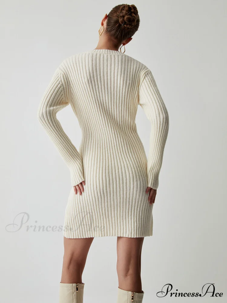 Cream Rib Long Trendy Sleeve Short Sweater Dress - Image 4