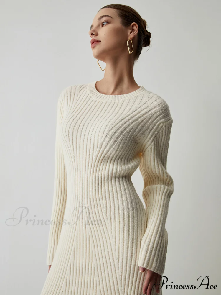 Cream Rib Long Trendy Sleeve Short Sweater Dress - Image 5