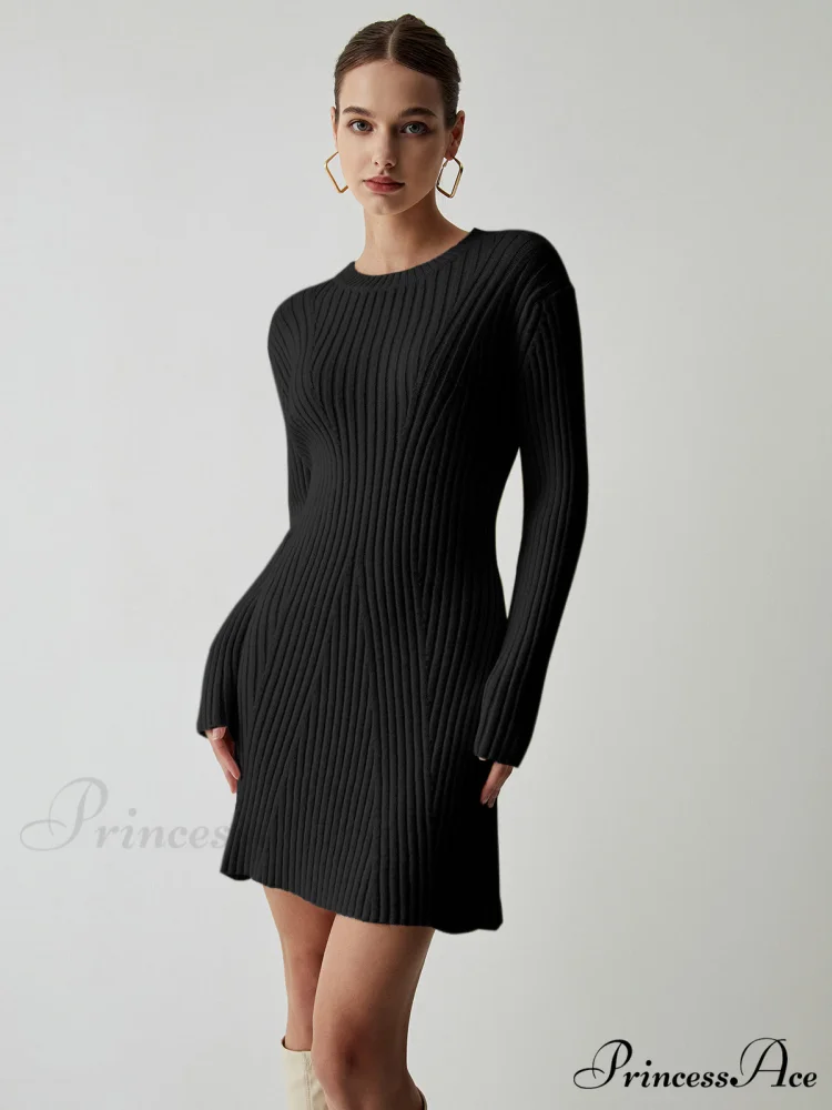 Cream Rib Long Trendy Sleeve Short Sweater Dress - Image 7