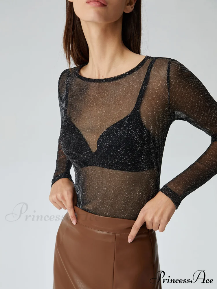 Crew Neck Sequined Trendy Long Sleeve Mesh Shirt - Image 2