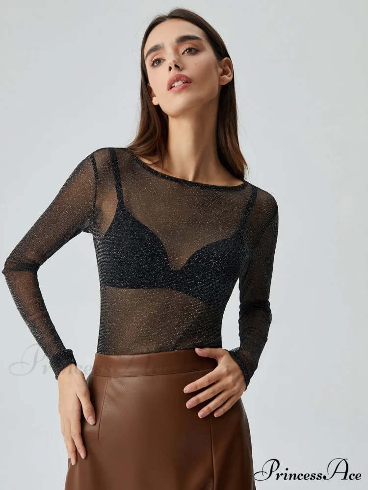 Crew Neck Sequined Trendy Long Sleeve Mesh Shirt - Image 4