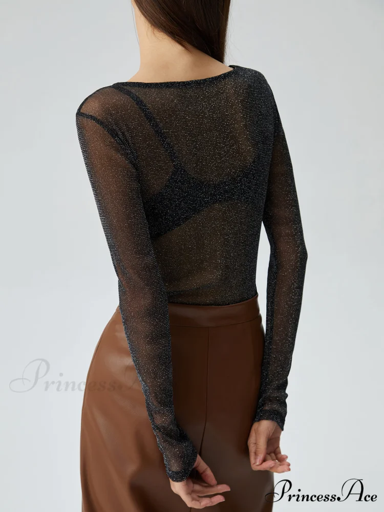 Crew Neck Sequined Trendy Long Sleeve Mesh Shirt - Image 6