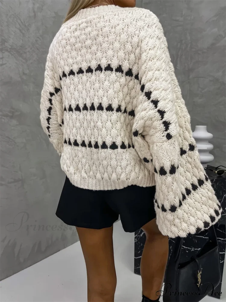 Crew Neck Two-Tone Trendy Decor Casual Sweater - Image 2