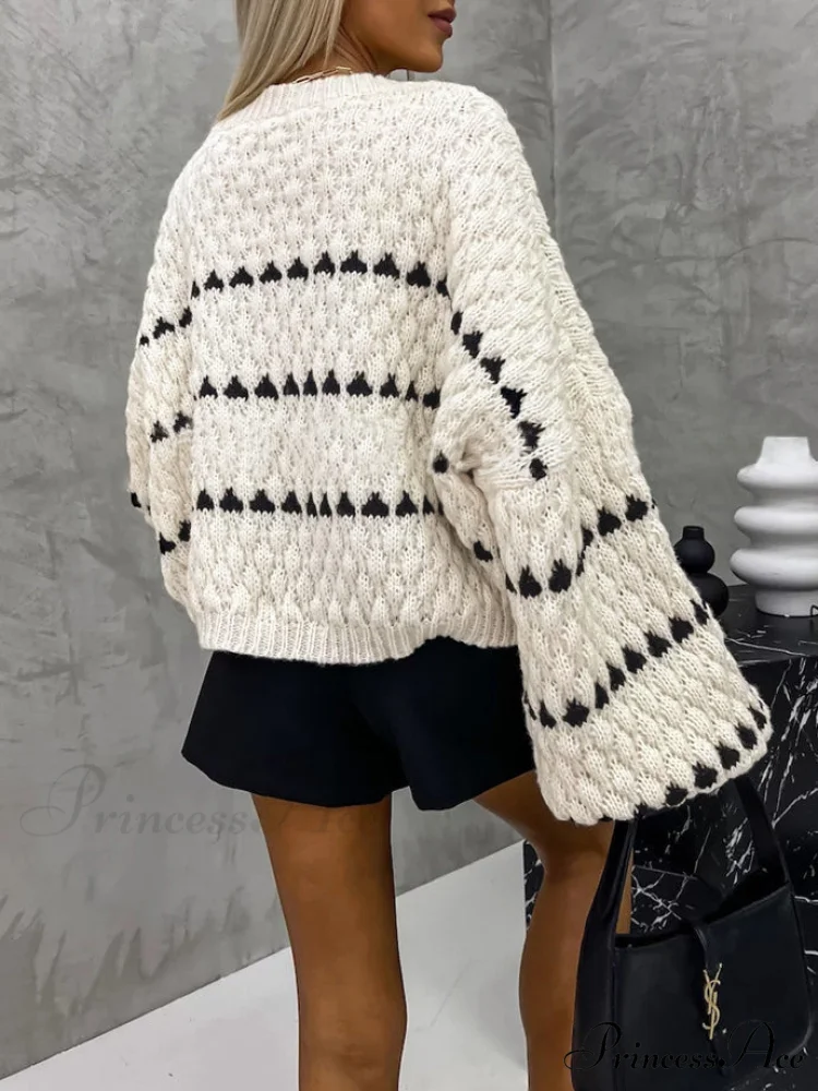 Crew Neck Two-Tone Trendy Decor Casual Sweater - Image 4