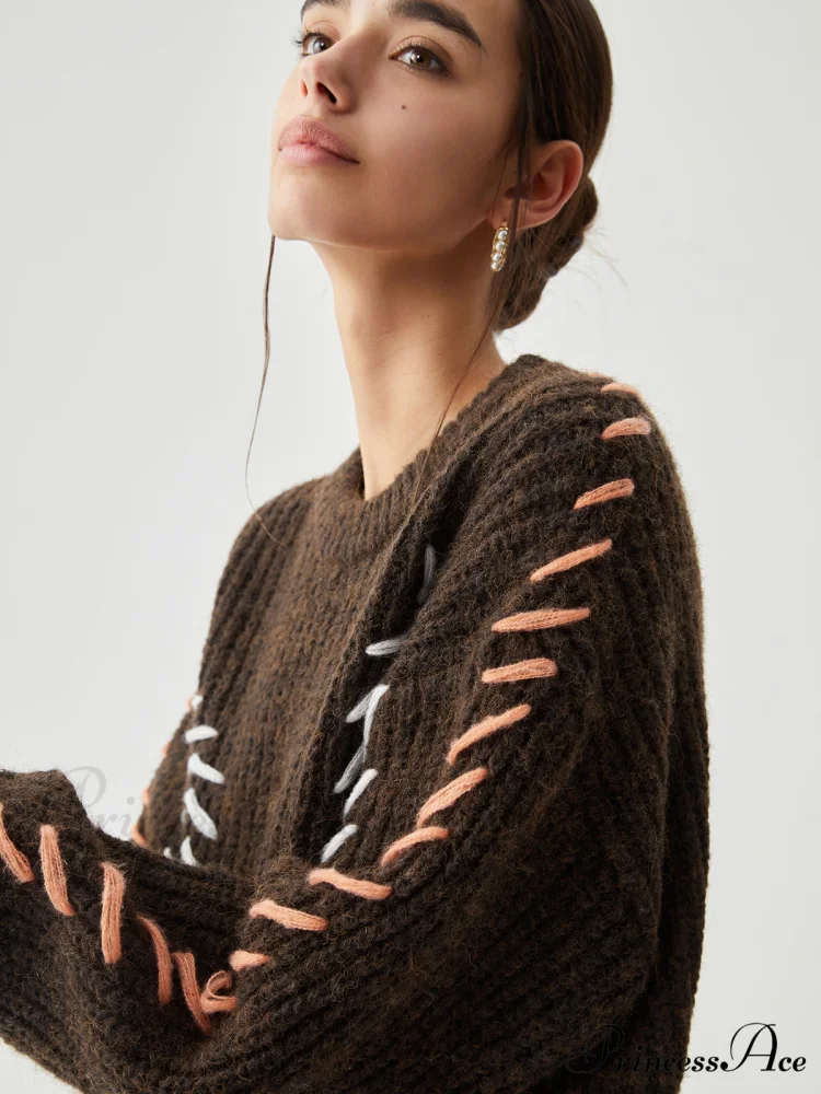 Crocheted Contrast Trim Trendy Ribbed Knit Sweater - Image 2