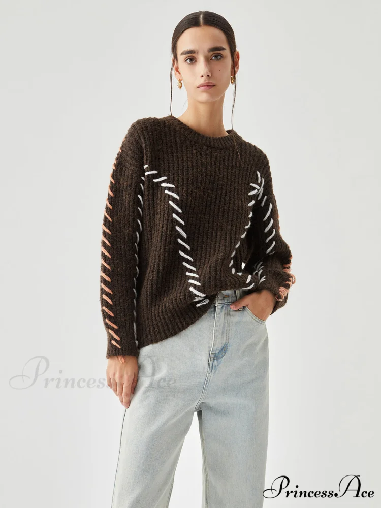Crocheted Contrast Trim Trendy Ribbed Knit Sweater - Image 4