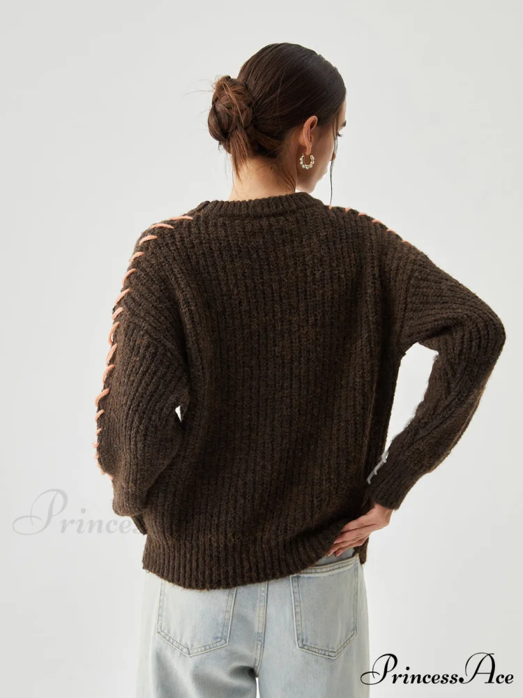 Crocheted Contrast Trim Trendy Ribbed Knit Sweater - Image 5