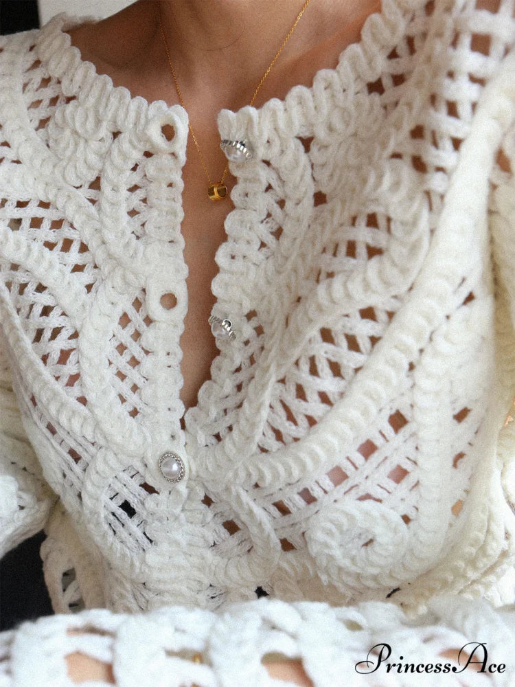 Crocheted Hollow Graceful Beaded Button Cardigan - Image 2