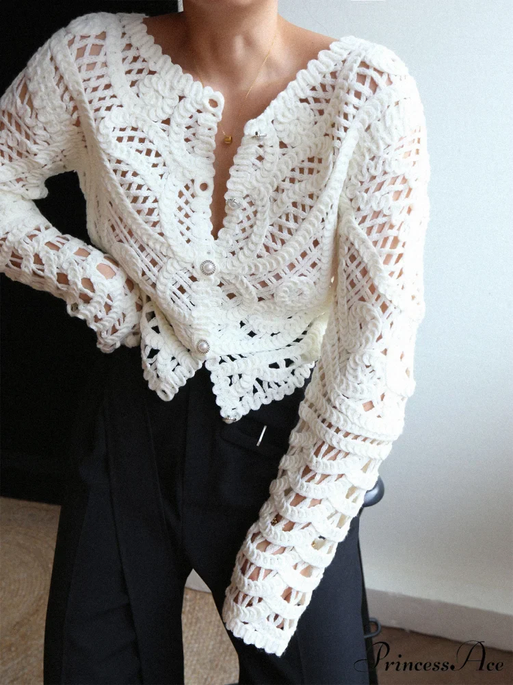 Crocheted Hollow Graceful Beaded Button Cardigan - Image 3
