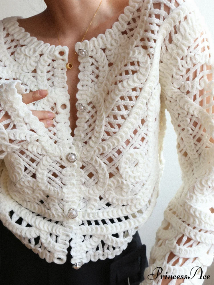 Crocheted Hollow Graceful Beaded Button Cardigan - Image 4