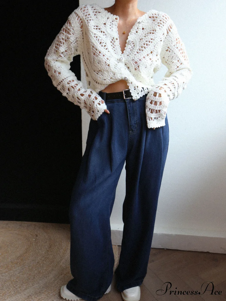Crocheted Hollow Graceful Beaded Button Cardigan - Image 5
