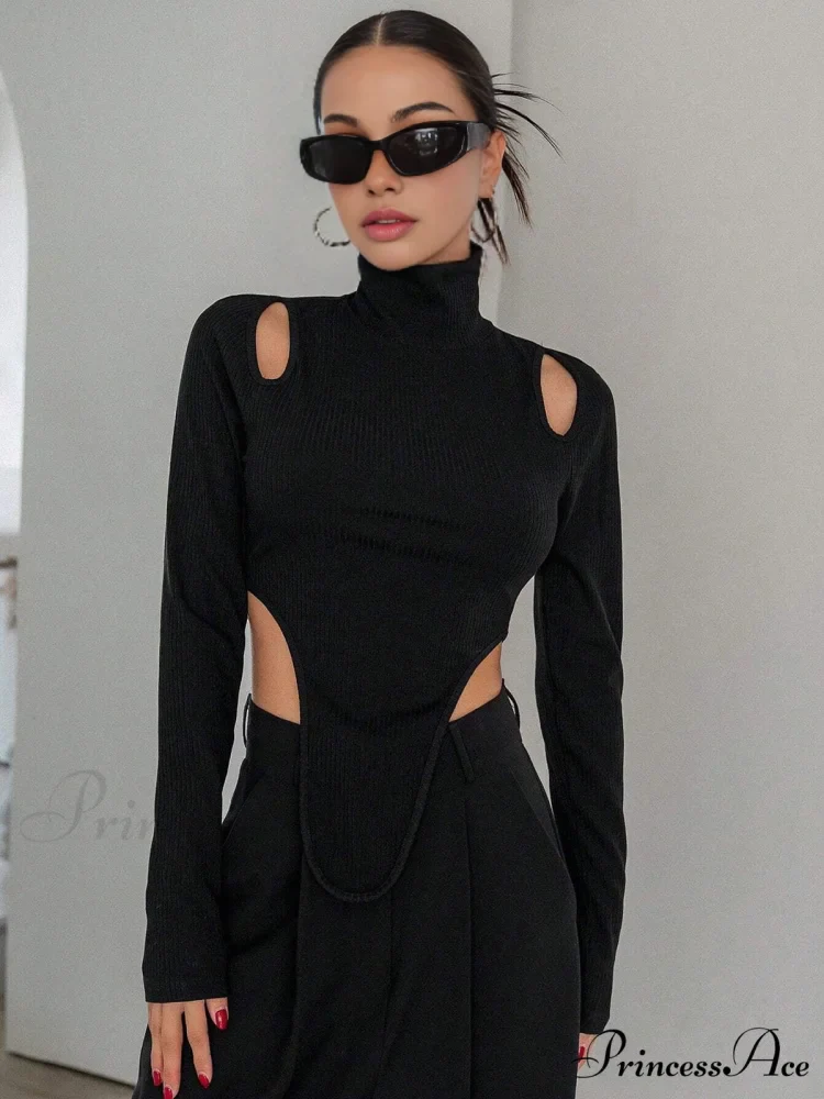 Cut Out High Trendy Neck Asymmetric Hem Top - Image 3