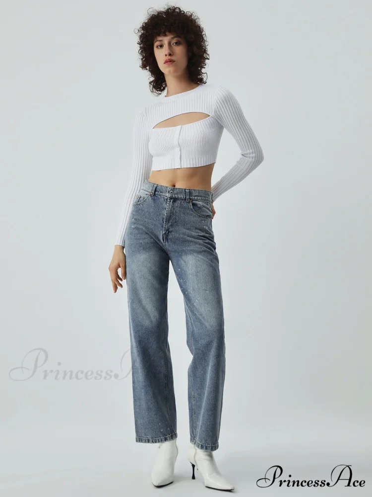 Cutout Button Up Long Modern Sleeve Crop Knit Top - Image 3