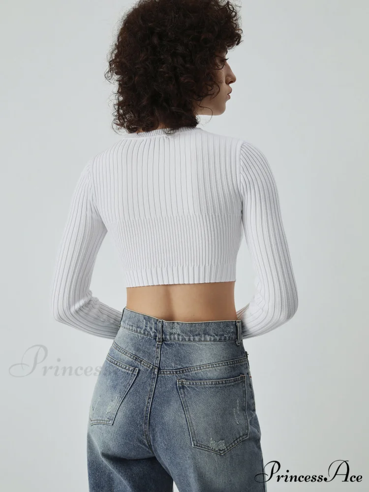 Cutout Button Up Long Modern Sleeve Crop Knit Top - Image 4