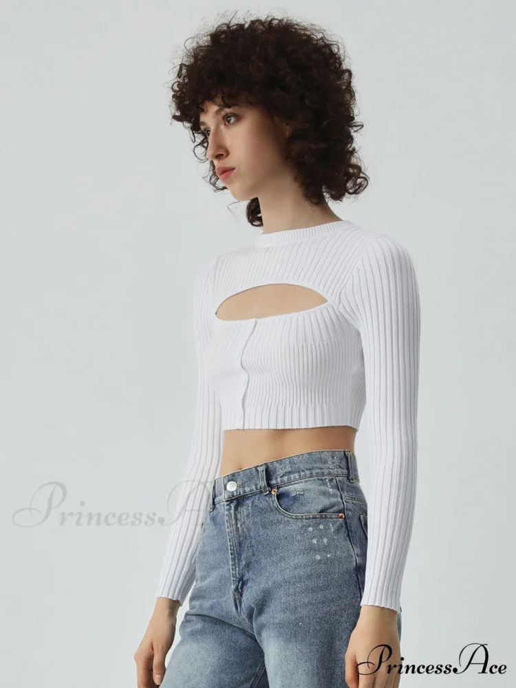 Cutout Button Up Long Modern Sleeve Crop Knit Top - Image 5