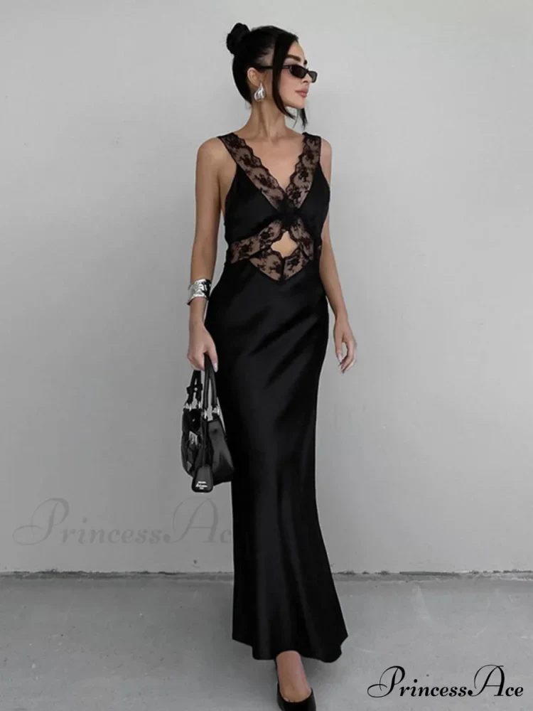 Cutout Lace Trim Trendy Stain Long Dress - Image 3