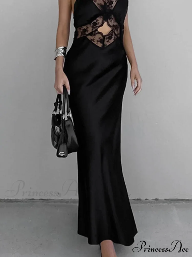Cutout Lace Trim Trendy Stain Long Dress - Image 4