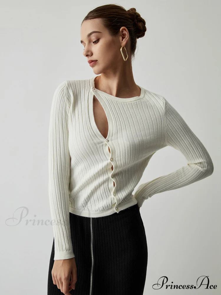 Diagonal Buttoned Rib Trendy Long Sleeve Top - Image 2