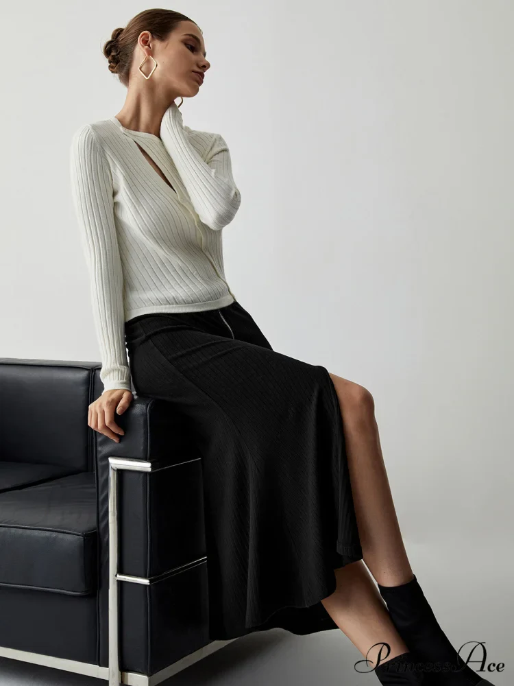 Diagonal Buttoned Rib Trendy Long Sleeve Top - Image 4