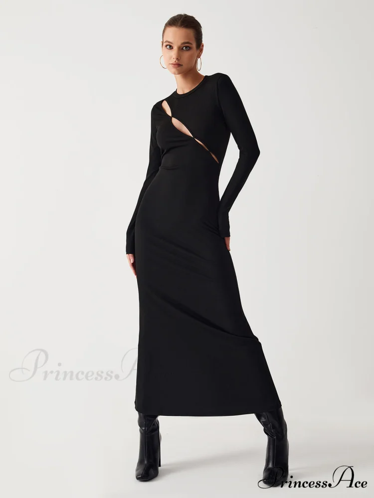 Diagonal Keyhole Long Trendy Sleeve Long Dress - Image 2