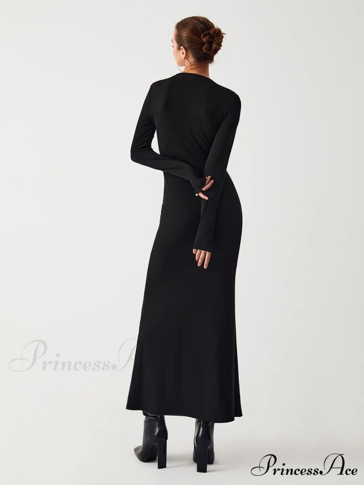 Diagonal Keyhole Long Trendy Sleeve Long Dress - Image 4