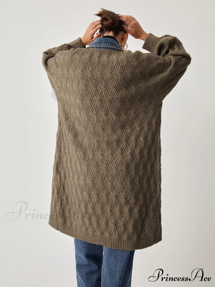 Diamond Stitch Graceful Knitting Longline Cardigan - Image 6