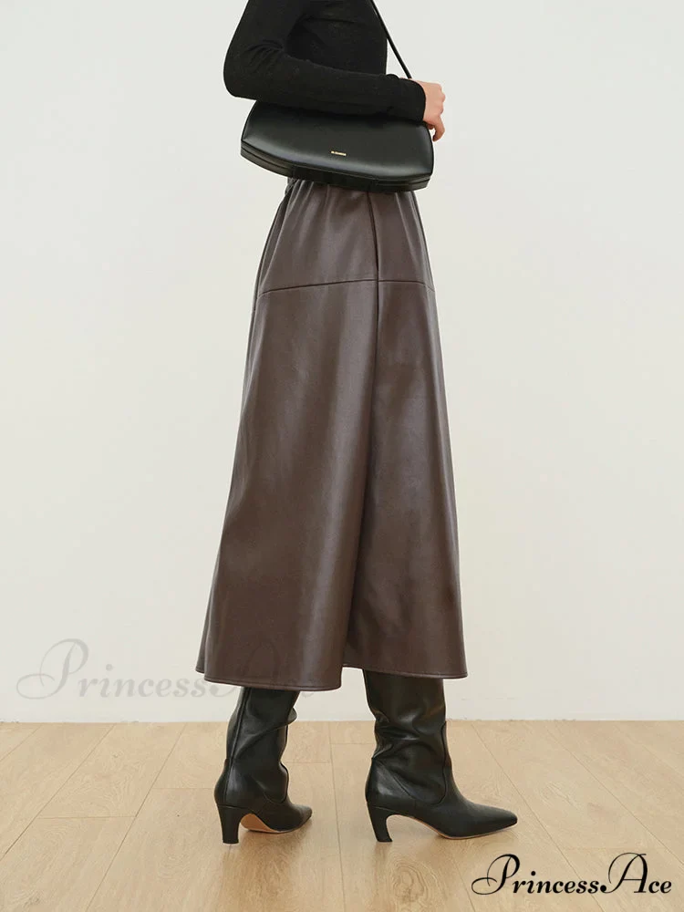 Double Pockets Graceful Leather Maxi Skirt - Image 2