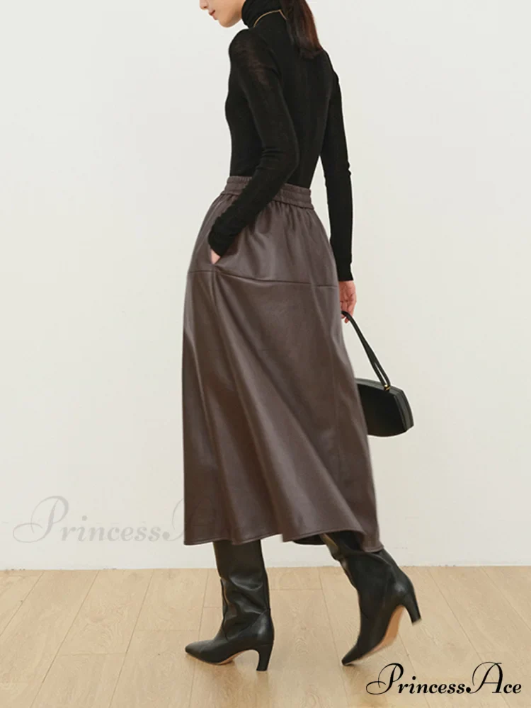 Double Pockets Graceful Leather Maxi Skirt - Image 3