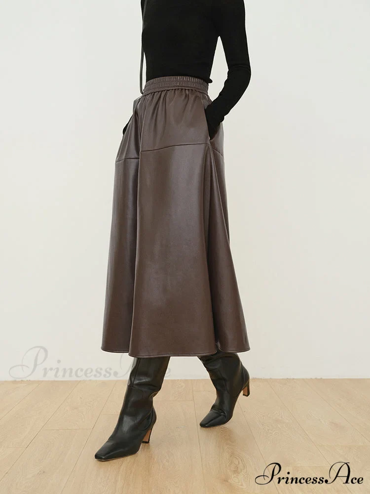 Double Pockets Graceful Leather Maxi Skirt - Image 4