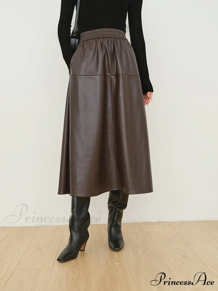 Double Pockets Graceful Leather Maxi Skirt - Image 5