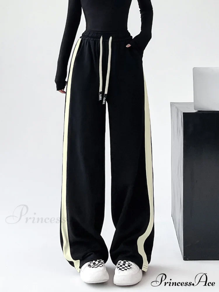 Drawstring Contrast Trim Trendy Wide Leg Sweatpants - Image 2