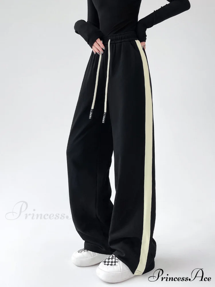 Drawstring Contrast Trim Trendy Wide Leg Sweatpants - Image 3
