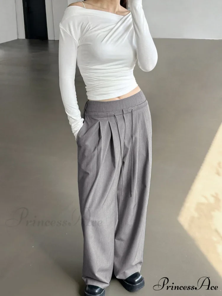 Drawstring Pleat Wide Trendy Leg Dress Pants - Image 4
