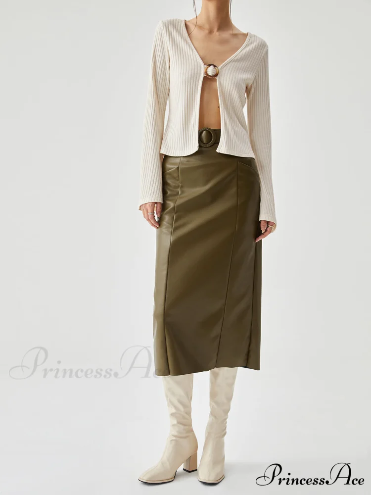 Faux Leather Belted Trendy Split Midi Skirt - Image 2