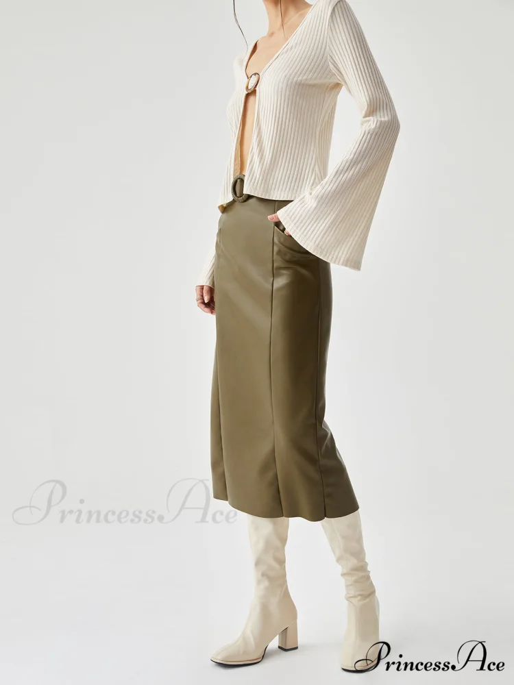 Faux Leather Belted Trendy Split Midi Skirt - Image 3
