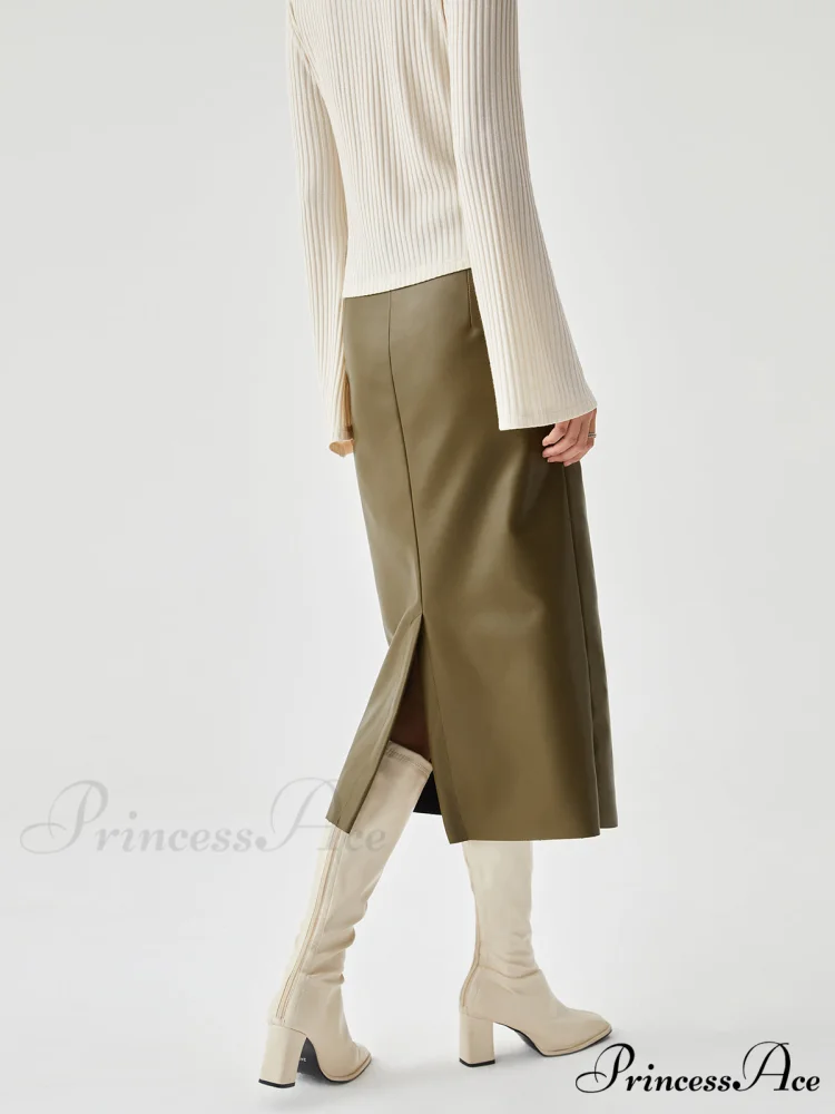 Faux Leather Belted Trendy Split Midi Skirt - Image 5