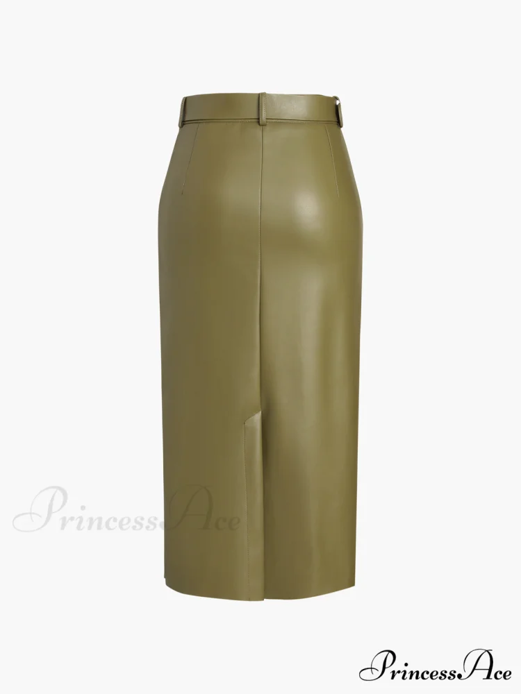 Faux Leather Belted Trendy Split Midi Skirt - Image 6