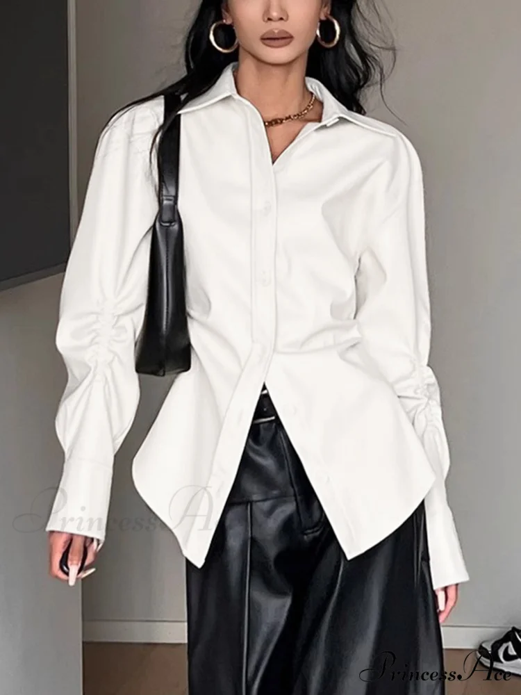 Faux Leather Solid Trendy Collar Button Down Shirt - Image 3