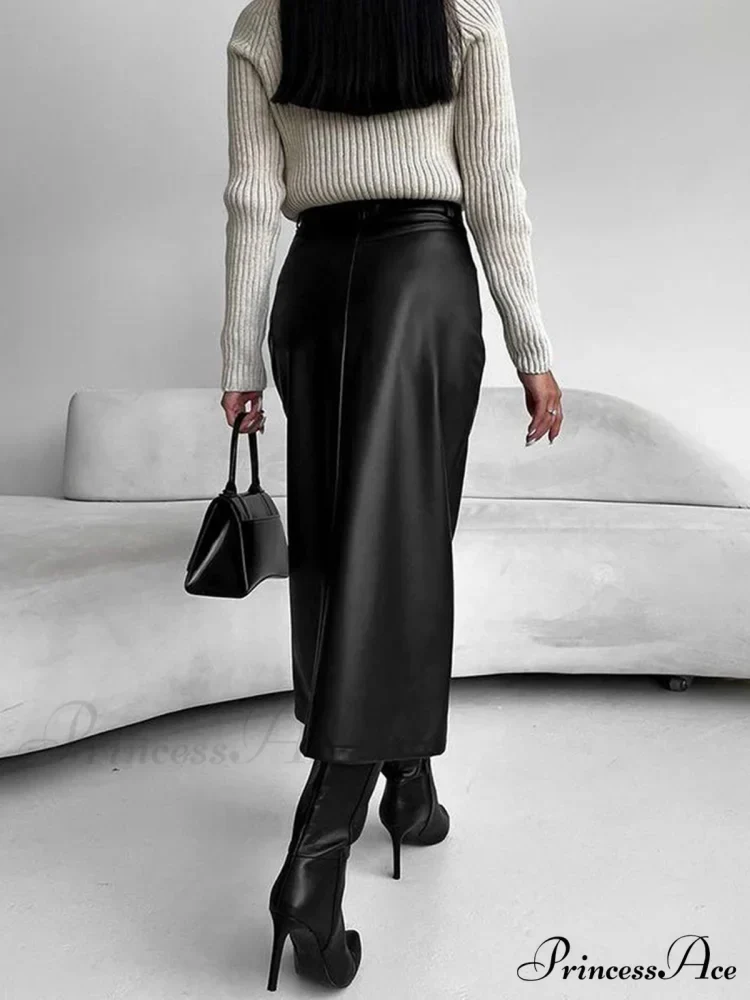 Faux Leeather Graceful Slit Midi Skirt - Image 4