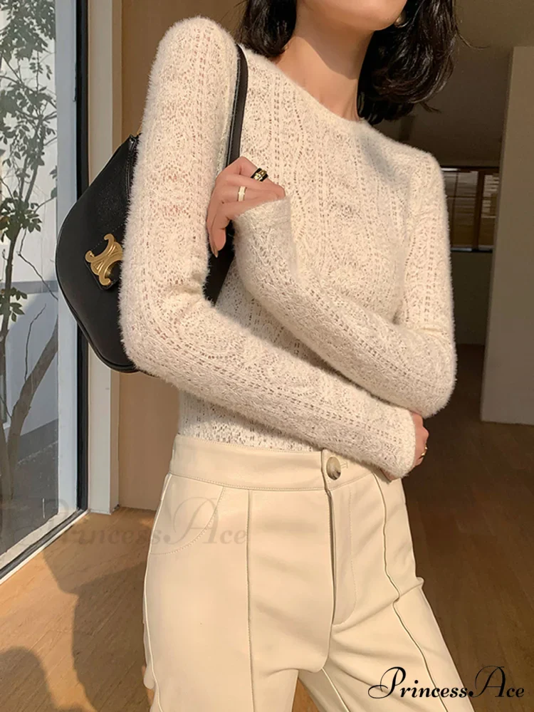 Floral Hollow Knit Crew Modern Neck Long Sleeve Top - Image 2