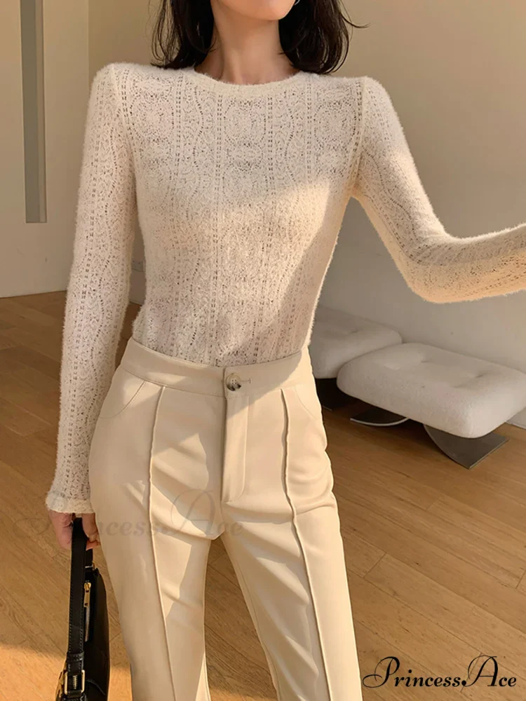 Floral Hollow Knit Crew Modern Neck Long Sleeve Top - Image 3