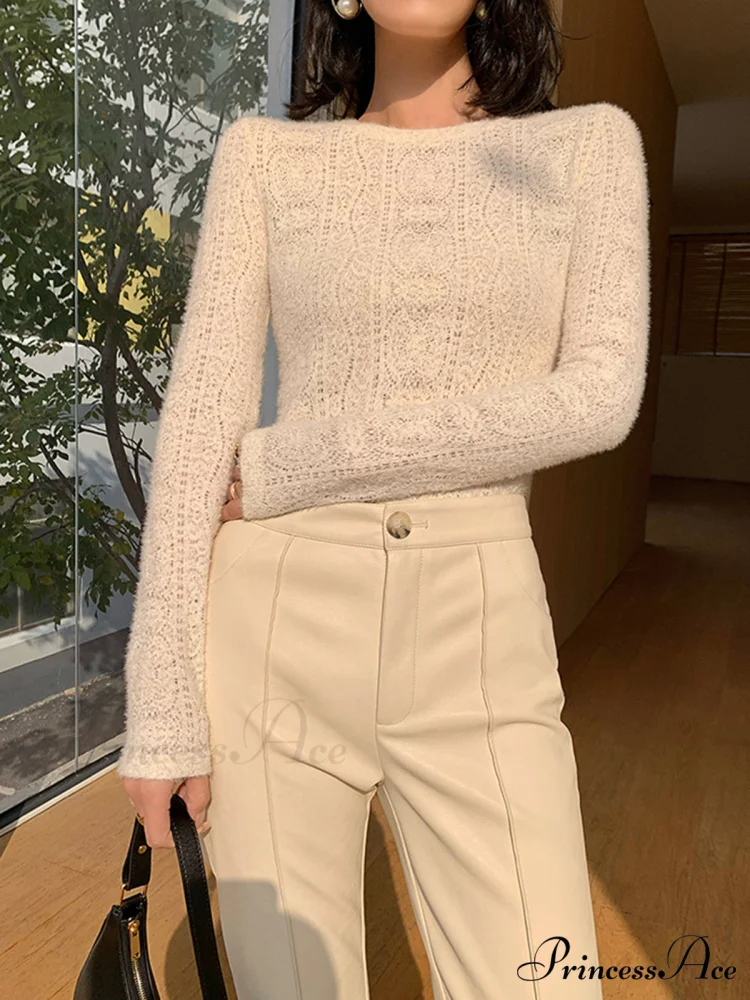 Floral Hollow Knit Crew Modern Neck Long Sleeve Top - Image 4