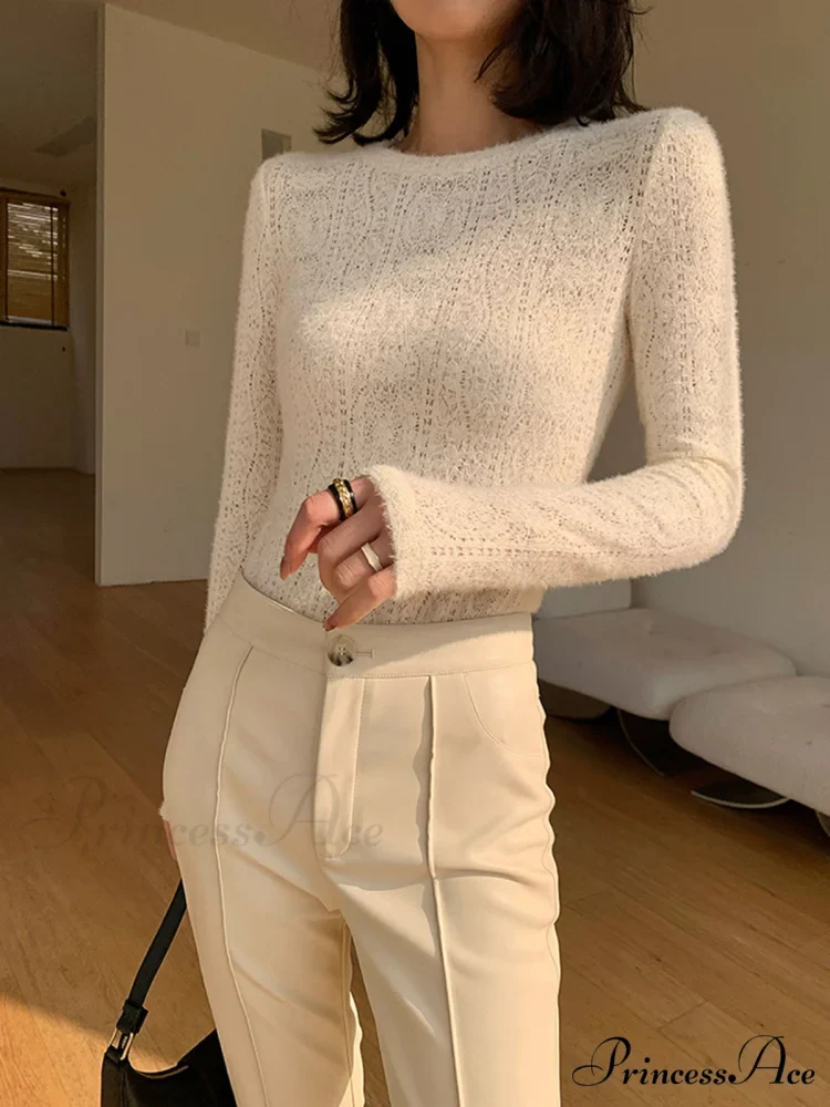 Floral Hollow Knit Crew Modern Neck Long Sleeve Top - Image 6