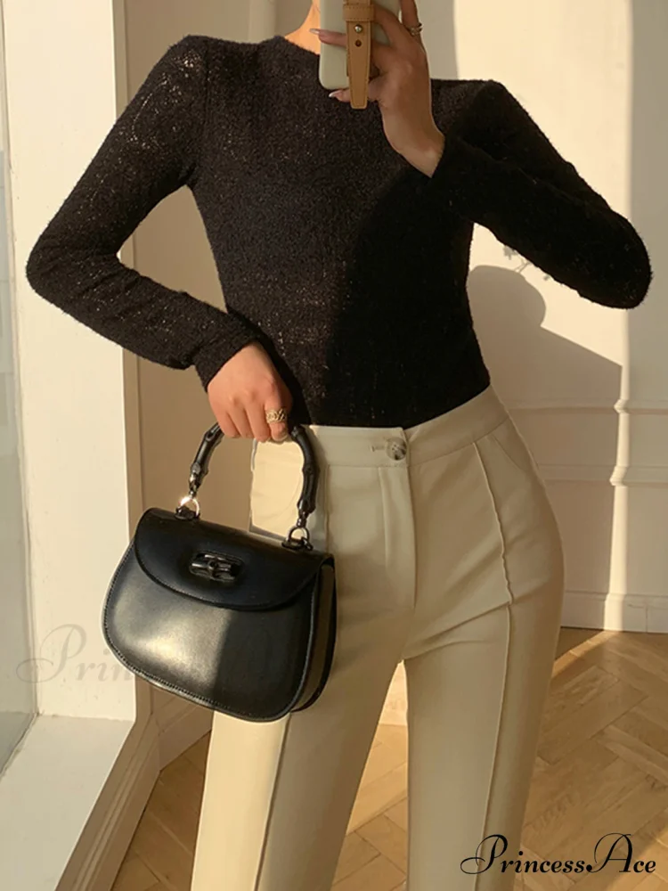 Floral Hollow Knit Crew Modern Neck Long Sleeve Top - Image 7