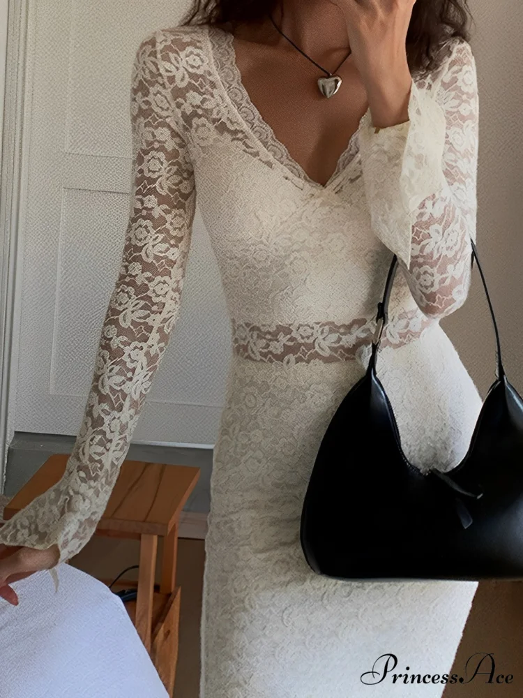 Floral Lace Long Trendy Sleeve Plunge Midi Dress - Image 2