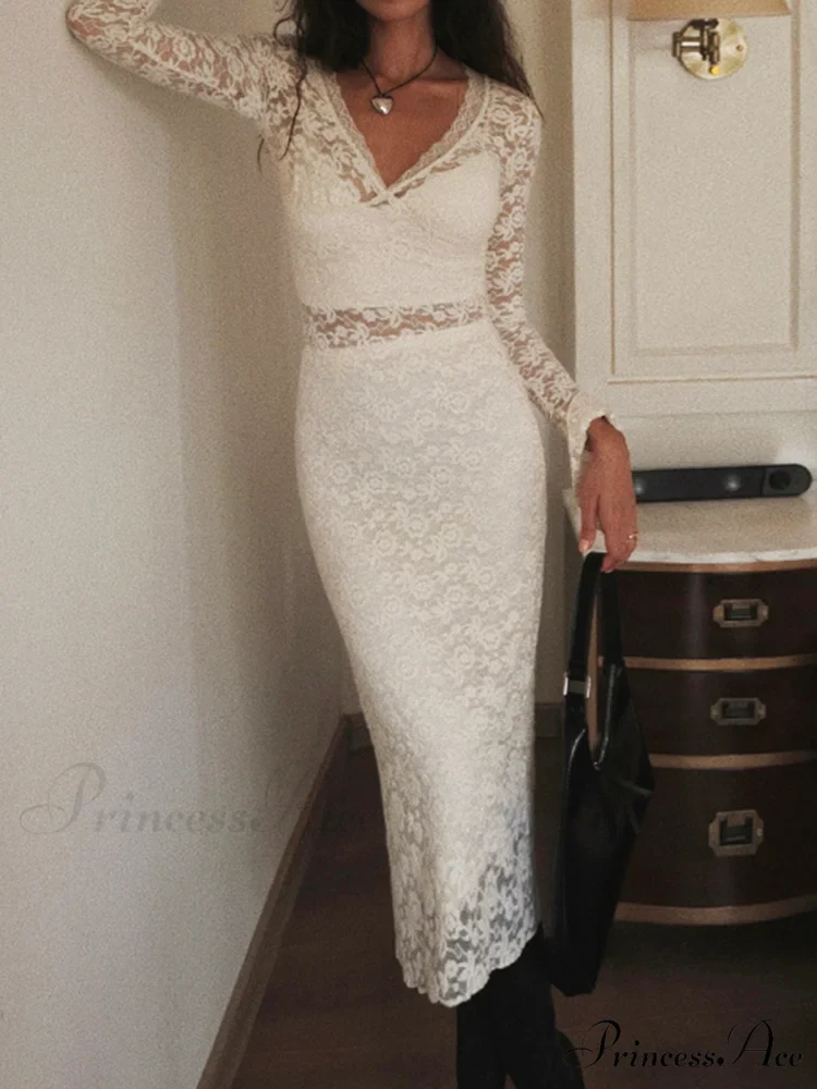 Floral Lace Long Trendy Sleeve Plunge Midi Dress - Image 3