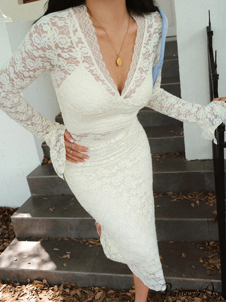 Floral Lace Long Trendy Sleeve Plunge Midi Dress - Image 5