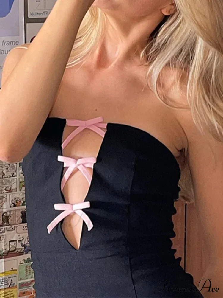 Bow Embellish Graceful Black Halter Romper - Image 3